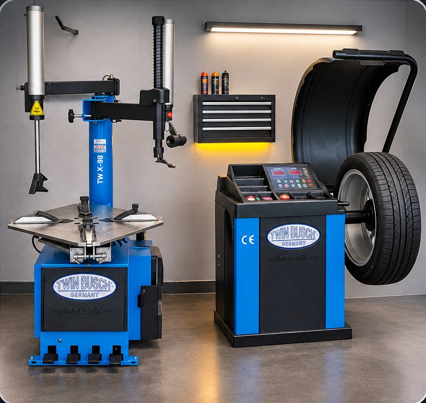 Illustrative Darstellung einer Reifenmontiermaschine und Auswuchtmaschine von Twin Busch